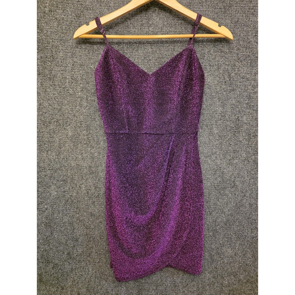 Mi Ami Dress Womens Small Purple Glitter V Neck Bodycon Ruched Tulip Mini Party
